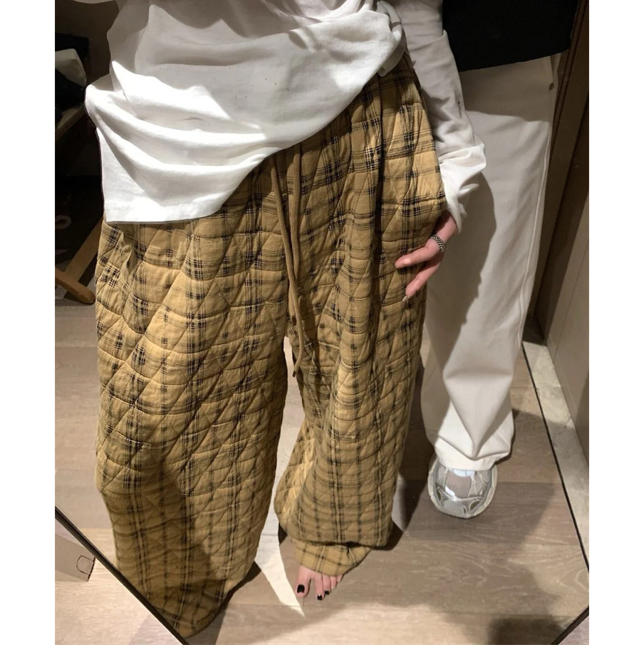 胖mm特大码300斤复古港风格纹夹棉阔腿裤女秋冬宽松保暖休闲卫裤