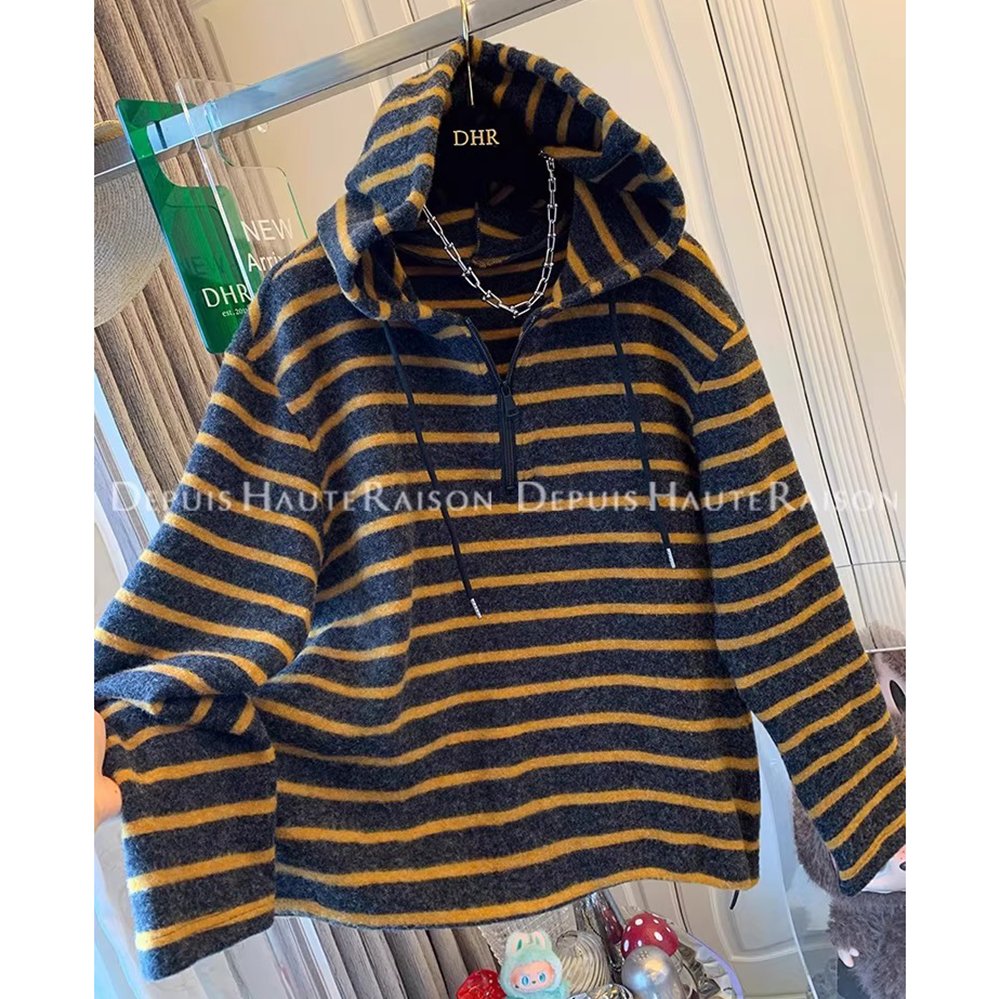 胖mm特大码300斤条纹半拉链连帽卫衣女秋冬德绒磨毛厚款宽松外套