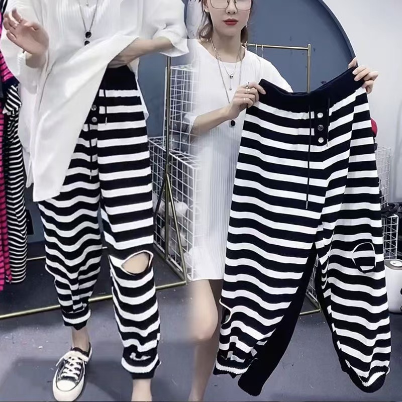 胖mm特大码300斤欧洲站黑白条纹松紧腰百搭束脚破洞哈伦裤女春秋