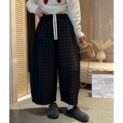 胖mm特大码2-300斤夹棉厚款阔腿休闲裤女秋冬松紧腰宽松保暖裤子