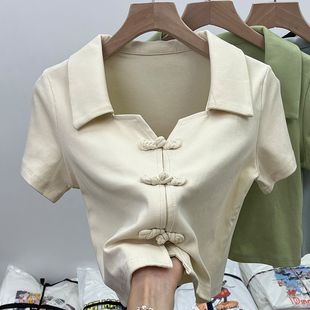 国风盘扣上衣设计感短袖 胖mm特大码 新中式 polo衫 t恤女夏 300斤短款