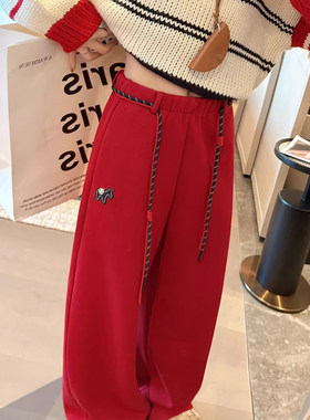 胖mm大码300斤小马刺绣加绒保暖卫裤女秋冬本命年红色休闲阔腿裤