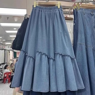 胖mm特大码 300斤不规则牛仔半身裙女春夏高腰木耳边拼接A字中长裙