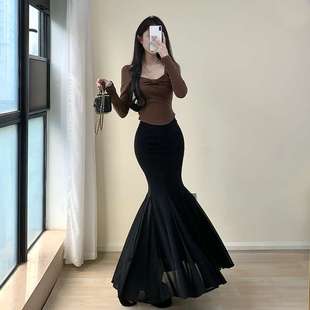 胖mm特大码 300斤气质性感纯欲风包臀鱼尾裙女夏拼接网纱半身裙