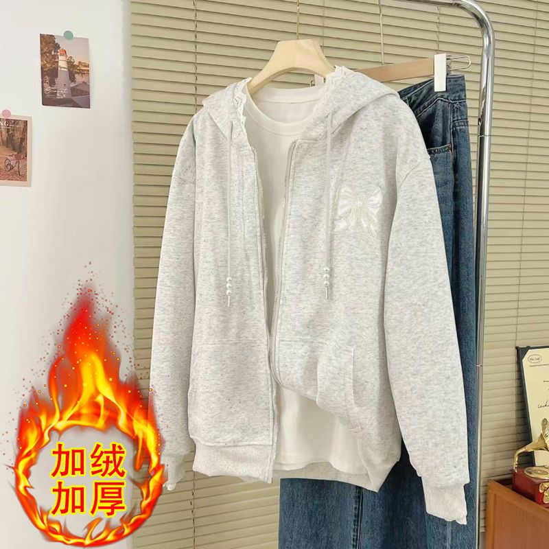 胖mm特大码300斤蝴蝶结刺绣蕾丝拼接卫衣女秋冬加绒厚款连帽外套