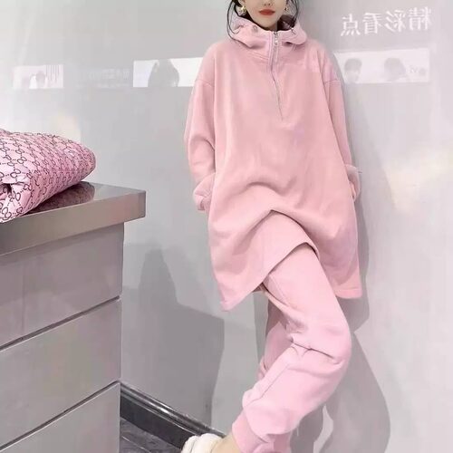 胖mm特大码2-300斤中长款半拉链连帽卫衣卫裤加绒两件套装女秋冬