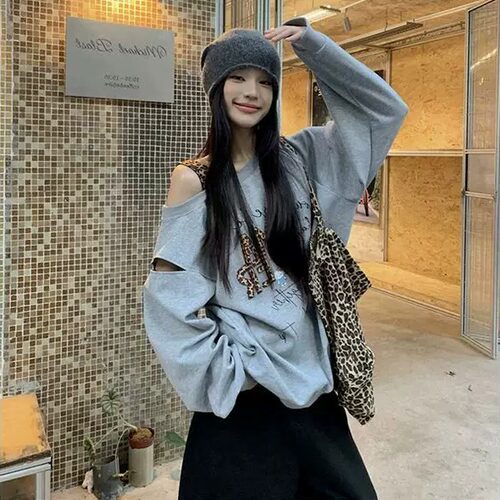 胖mm特大码300斤慵懒风豹纹印花镂空斜肩卫衣女春秋露肩宽松上衣