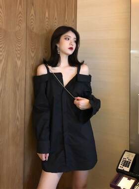 胖mm特大码300斤性感露肩衬衫女春秋宽松一字肩小黑裙显瘦连衣裙