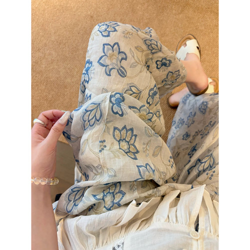 胖mm特大码300斤复古满印碎花直筒裤子女夏季设计感休闲宽松长裤