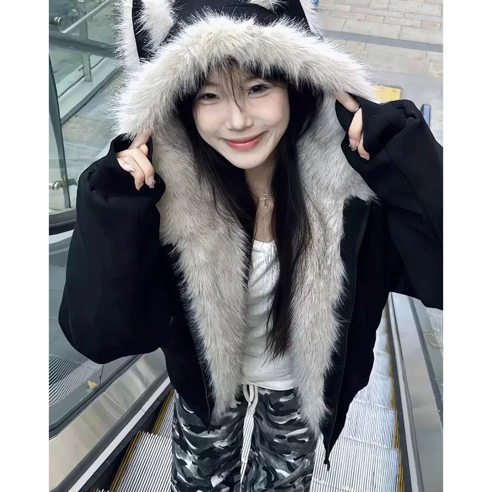 胖mm特大码300斤可爱猫耳朵毛领宽松夹棉加厚连帽棉服外套女秋冬