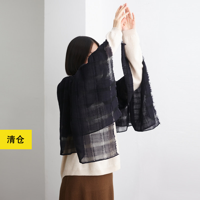 清仓 / 纱织羊毛格纹质感超大围巾 小鱼秋冬百搭黑色超长女士披肩