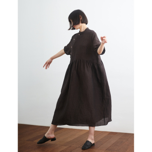 宽松长款 褐棕幻彩色织汉麻中式 显瘦亚麻短袖 小鱼夏季 长裙 连衣裙