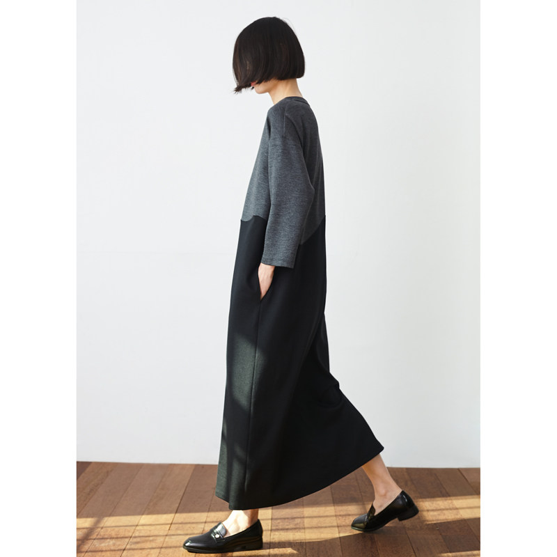 曲线拼色趣味显瘦羊毛棉长裙 小鱼春季宽松长款T裙简约针织连衣裙