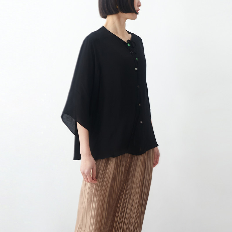 缀玉系带黑色三醋酸飘逸气质衬衫 小鱼春夏季宽松原创百搭女小衫