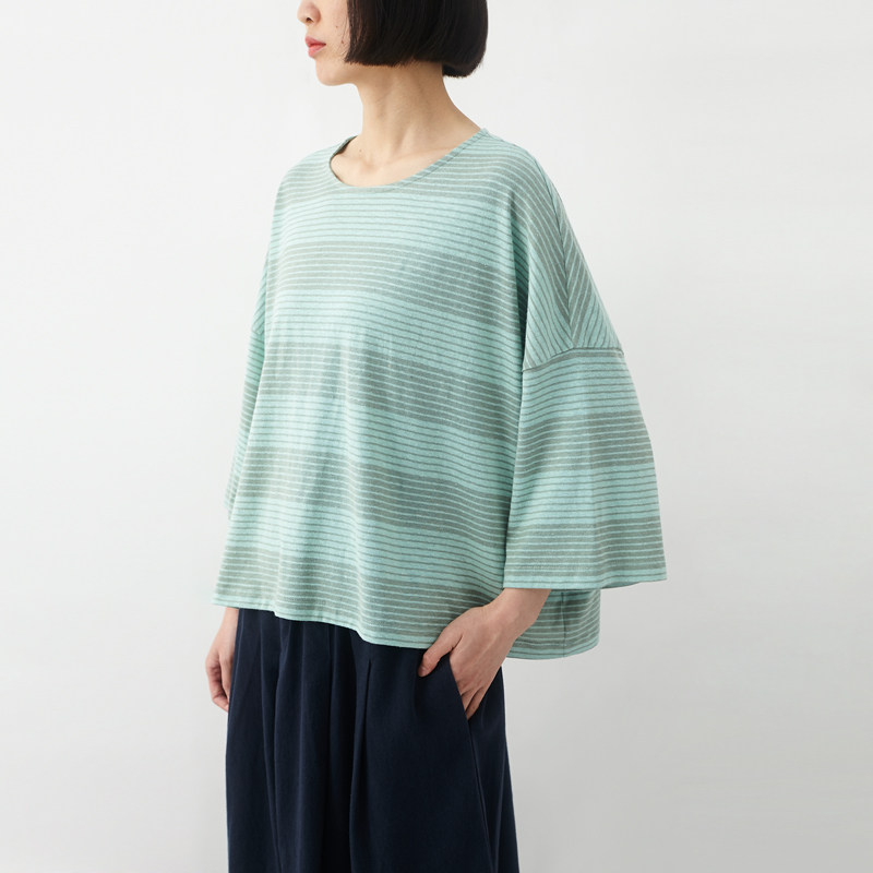 两色 汉麻有机棉经典条纹短款T恤衫女小鱼夏季通勤百搭七分袖上衣