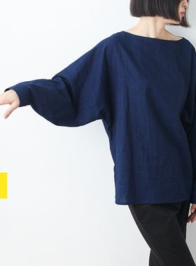 瑕疵清仓/深蓝色环保棉麻百搭宽松衬衫 小鱼春秋简约气质套头上衣