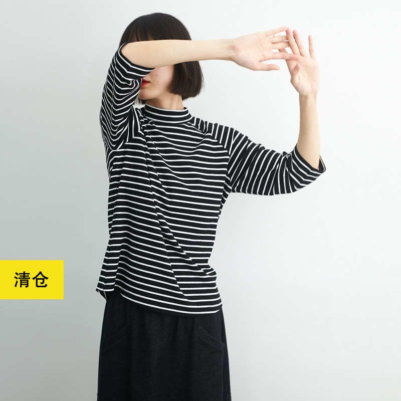 清仓 / 宽松半高领文艺条纹T恤衫小鱼春夏中袖休闲针织女百搭上衣