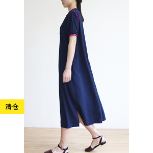 清仓／深蓝宽松极简显瘦长款连衣裙 小鱼春夏季休闲飘逸长裙