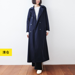 小鱼超长显瘦百搭气质天丝棉外套 廓形双排扣大气长风衣 清仓 经典