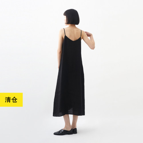 三色经典色织亚麻宽松长款吊带裙