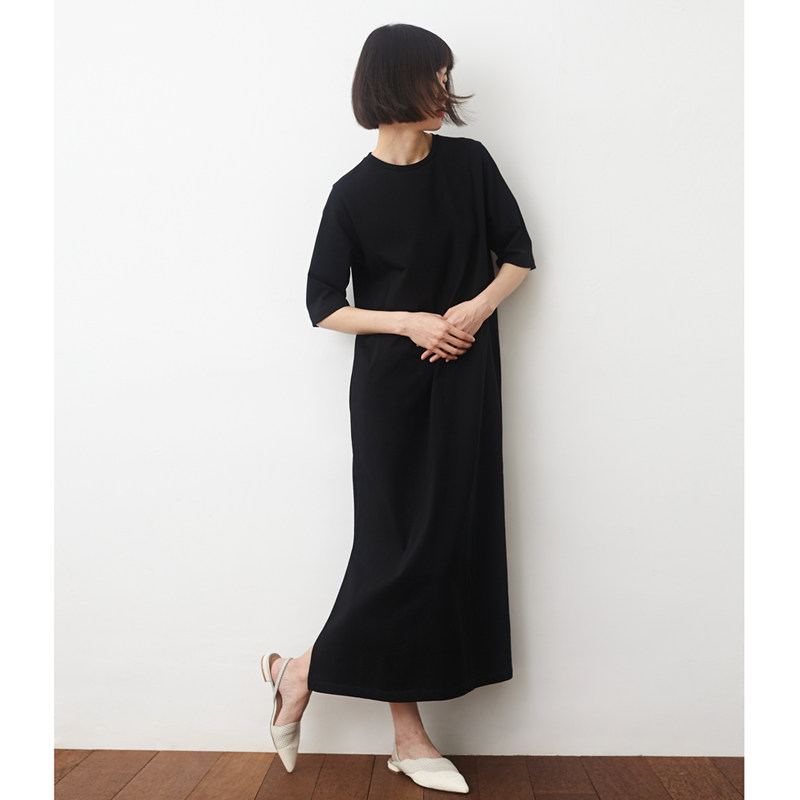 多色撞色有机纯棉针织长款连衣裙 小鱼春夏季纯色宽松短袖长T恤裙
