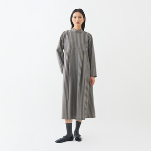 彩色竖条纹长袖针织半高领连衣裙 小鱼春季小众复古文艺A字女长裙