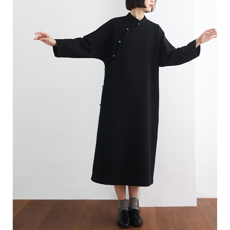 复古无尘太空棉新中式连衣裙 小鱼秋冬季原创宽松显瘦黑色长款裙,女装/女士精品,连衣裙,淘宝优惠券,粉丝福利购,淘宝优惠卷