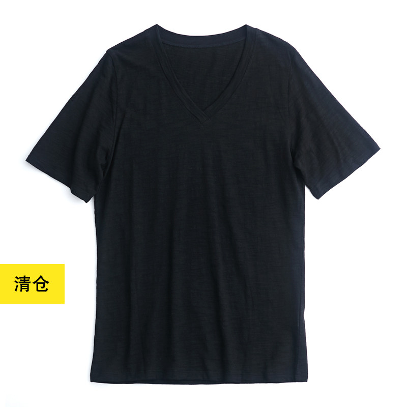 清仓／竹节棉V领修身薄款T恤衫小鱼春夏季黑白色基础简约纯棉上衣