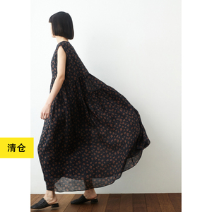 环保苎麻碎花大摆蛋糕裙