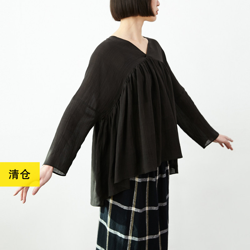 清仓/清凉天丝苎麻纱V领防晒上衣 小鱼春夏长袖宽松气质女士衬衫