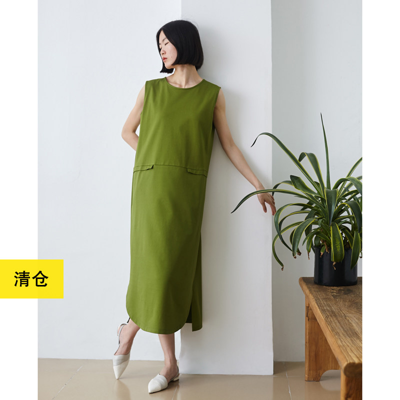 清仓／清凉果绿纯棉宽松背心裙 小鱼夏季无袖中长款针织连衣裙