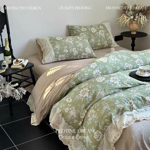 A类法式复古绿色蕾丝花边床上四件套纯棉柔软床笠床单宿舍三件套4