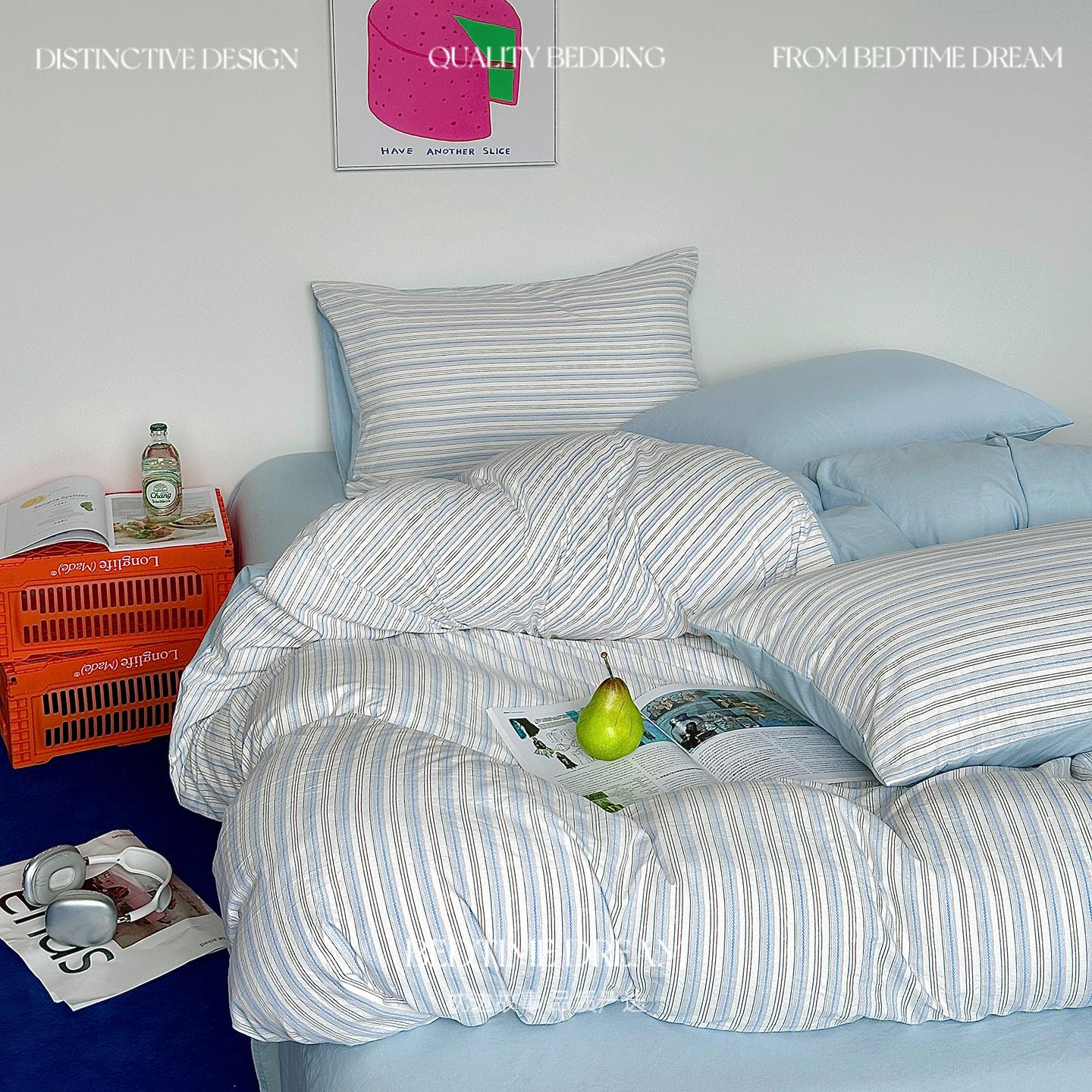 简约风蓝色条纹水洗棉床上四件套纯棉被套裸睡学生宿舍床单三件套