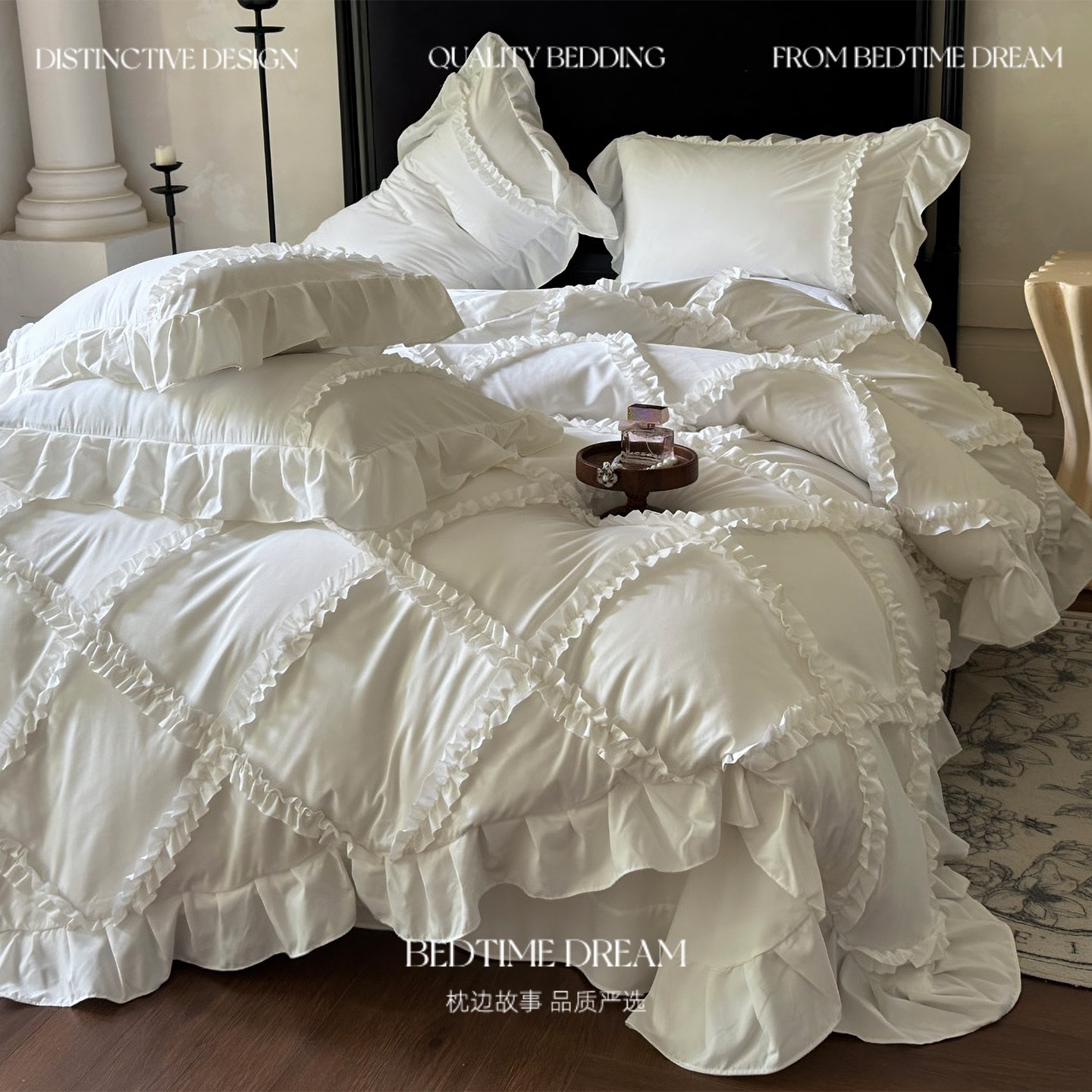 A类法式白色花边亲肤棉床上四件套公主风被套被罩床笠床单三件套4