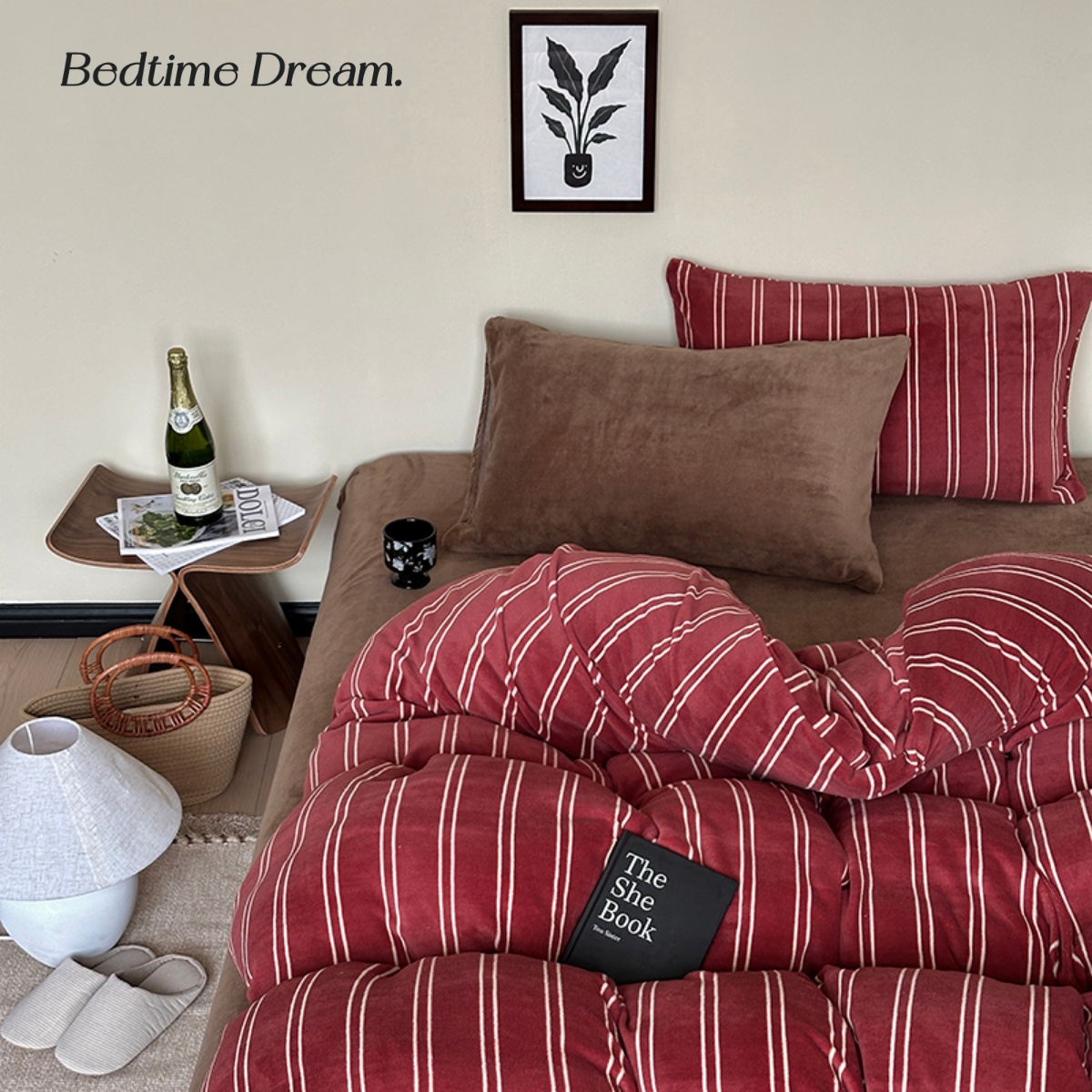 覆古风红色条纹加厚牛奶绒四件套保暖被套被罩三件式床组床上用品