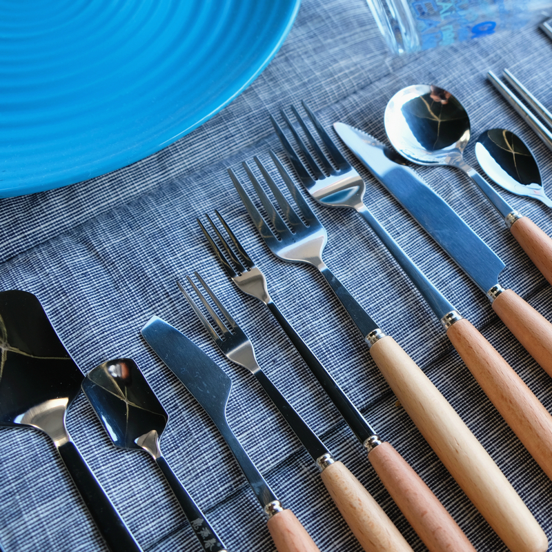 西餐牛排刀叉咖啡甜品勺子不锈钢木柄刀叉餐具水果叉筷子方勺长柄