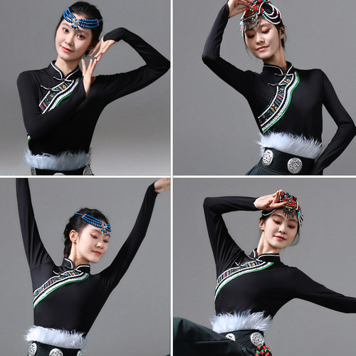 藏族舞蹈演出服新款民族服装上衣女藏式锅庄舞长袖藏族舞蹈练习裙