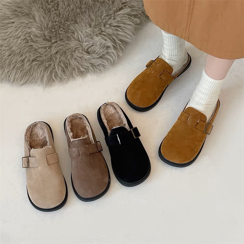 懒人包头半拖鞋女外穿2022年新款秋冬加绒平底复古丑萌大头棉拖鞋