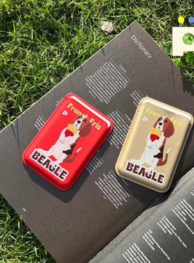 POMPON原创复古插画薯条比格犬狗狗图案红色/金色皮手机磁吸卡包