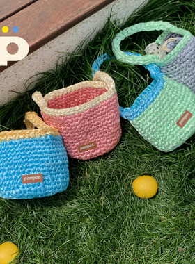 POMPON Palette夏日波光缎面编织彩色撞色水桶包4色手提腋下包