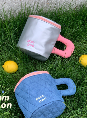 POMPONhome胖胖化妆包夏日双色圆筒夹棉杯子收纳包撞色哑银粉牛仔