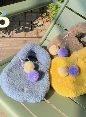 POMPON 调色盘系列冬天包包女小众3色刺绣毛毛蛋包毛球羊毛手提包