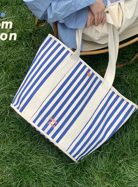 POMPONhome条纹撞色托特包tote大容量旅行帆布圆筒轻便单肩包手提
