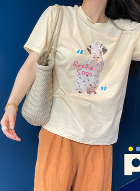 POMPON原创斑点狗动物图案廓形宽松t恤纯棉夏季大圆领奶白短袖