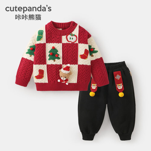 咔咔熊猫男童圣诞套装儿童圆领毛衣加绒裤子婴儿宝宝新年保暖衣服