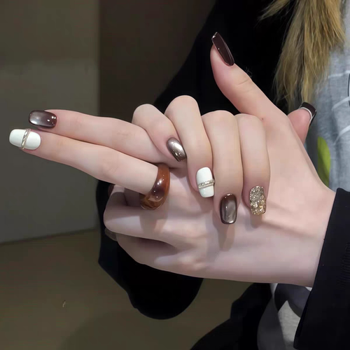 秋季新款深棕玻璃珠猫眼跳色美甲爆闪亮片深咖色猫眼假指甲贴片