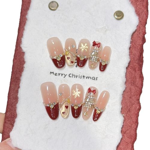 【玛瑙】手工穿戴甲圣诞氛围感红色法式闪钻圣诞树高品质指甲贴片