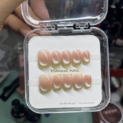 手工穿戴甲芭乐猫眼绿色渐变玻璃珠美甲日常显白高品质假指甲贴片