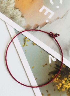 天然水晶石榴石手工编制极细0.5mm酒红色手绳平安本命年百搭脚绳