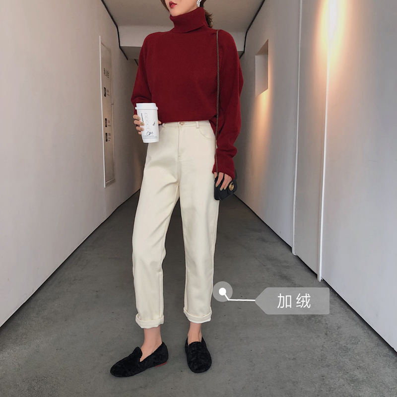 米白色加绒牛仔裤女秋冬季2018新款韩版宽松直筒高腰老爹萝卜裤子